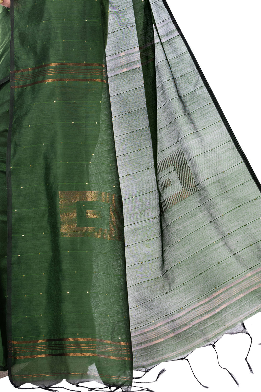 Dark Green Blended Cotton Sequence_Handloom Hand Loom Saree (473)